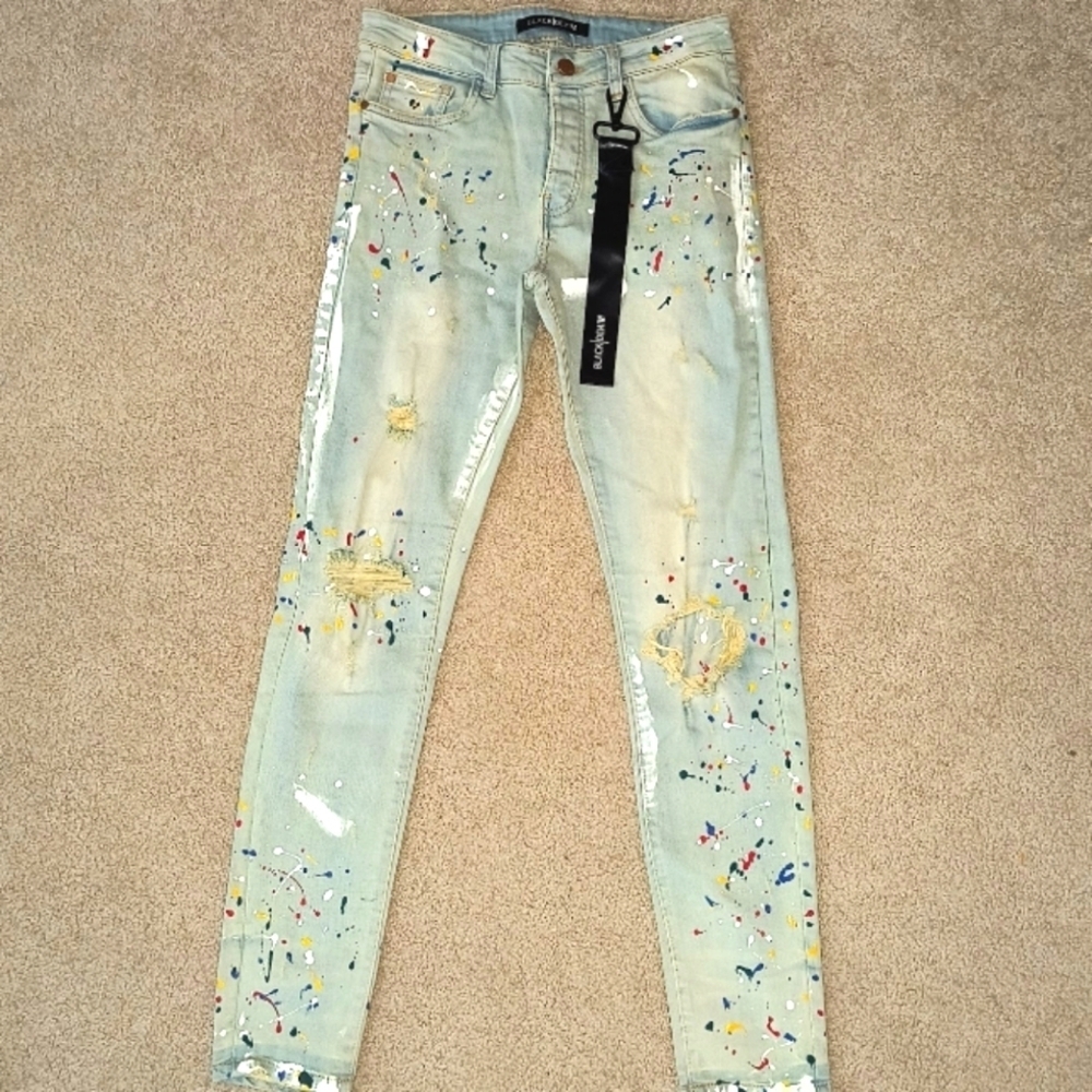 Trendy Paint-Splatter Jeans Designer Blk Black Denim